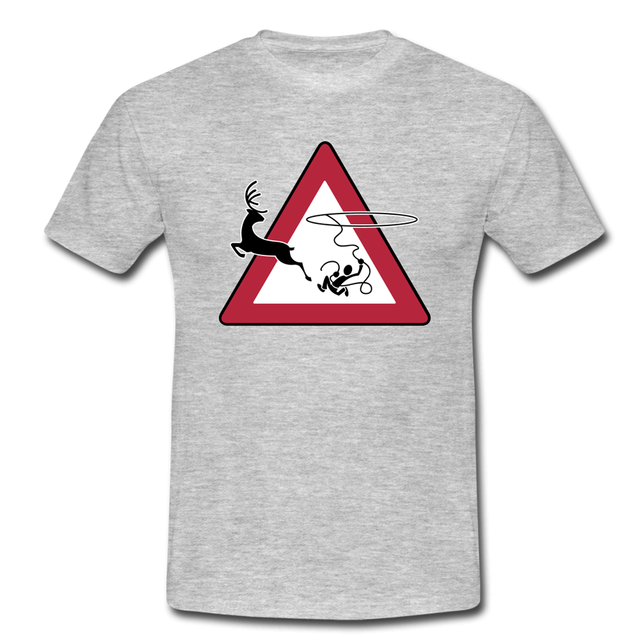 Pas op! Op hol geslagen wild T-shirt, vectorillustratie Op hol geslagen wild T-shirt, hert springt van het verkeersbord af terwijl er iemand met een lasso achteraan zit, vectorillustratie
