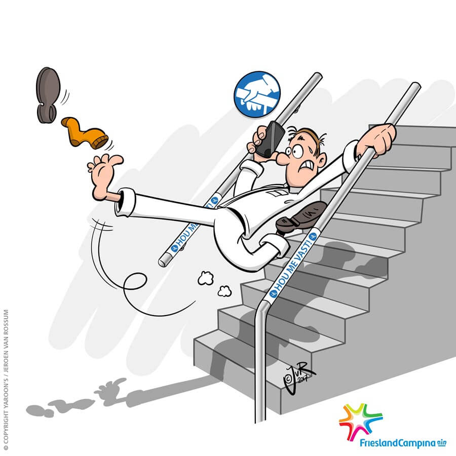 Friesland Campina Lochem, Bellen op de trap Cartoon van een medewerker die van de trap glijdt omdat hij te veel met z'n telefoon bezig is om op te letten.