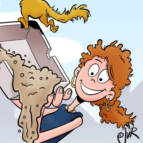 Cartoon van een vrouw die de kattenbak leeggooit en de kat er bijna bij