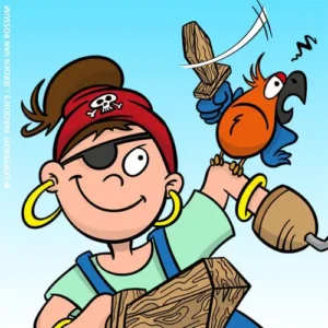 Zotte Lotte als piraat met papegaai illustratie. Tijd voor een piratenfeestje!
