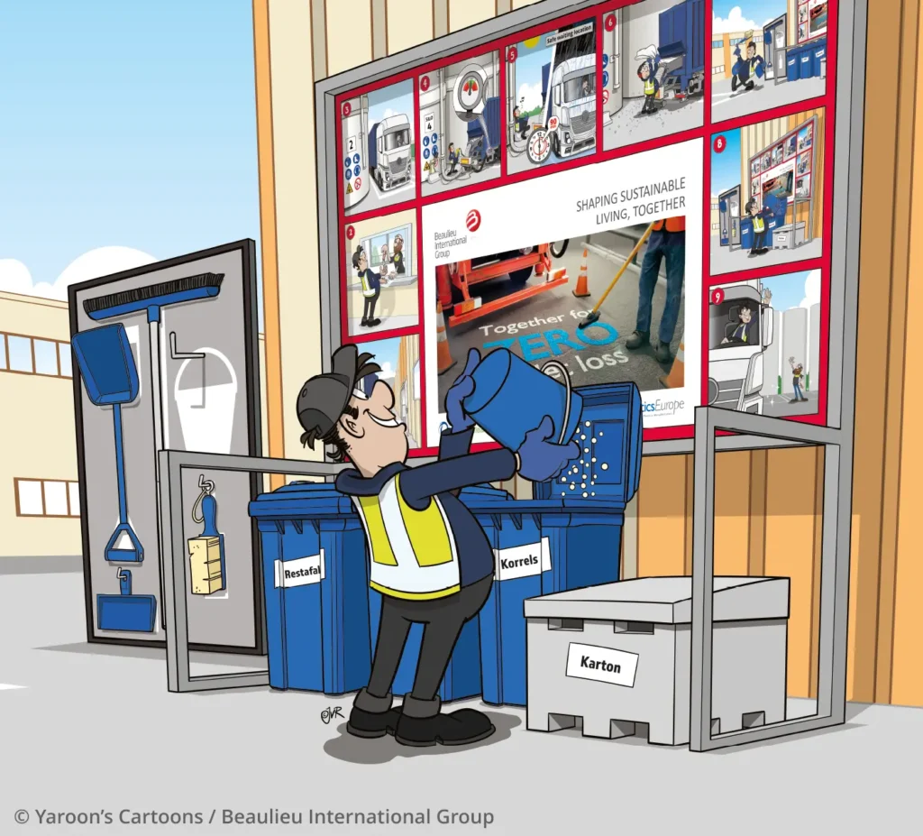 Beaulieu International Group Kader 8b Paneel 8 van de instructiestrip voor Beaulieu International Group: De chauffeur leegt zijn emmer met plastic bolletjes netjes in de juiste afvalbak. Deze illustratie bevat een Droste-effect: op de plaat achter de vuilnisbak staat exact hetzelfde tafereel. En nog eens en nog eens.